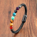 Chakra Stone Beads Bracelet Black Leather Rope