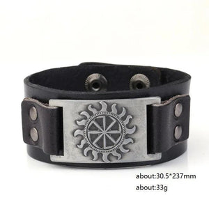 Wide Leather Cuff Bracelet Gothic Slavic Wheel Sigil Enochian Charm Bracelet