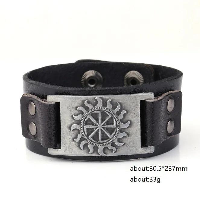 Wide Leather Cuff Bracelet Gothic Slavic Wheel Sigil Enochian Charm Bracelet
