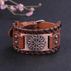 Wide Leather Cuff Bracelet Gothic Slavic Wheel Sigil Enochian Charm Bracelet