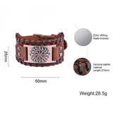 Wide Leather Cuff Bracelet Gothic Slavic Wheel Sigil Enochian Charm Bracelet