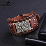 Wide Leather Cuff Bracelet Gothic Slavic Wheel Sigil Enochian Charm Bracelet