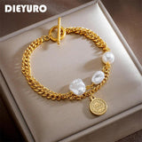 316L Stainless Steel Large Pearl Coin Charm Bracelet for Women with OT Clasps