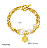 316L Stainless Steel Large Pearl Coin Charm Bracelet for Women with OT Clasps