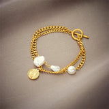 316L Stainless Steel Large Pearl Coin Charm Bracelet for Women with OT Clasps