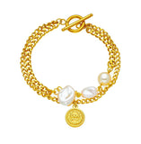 316L Stainless Steel Large Pearl Coin Charm Bracelet for Women with OT Clasps