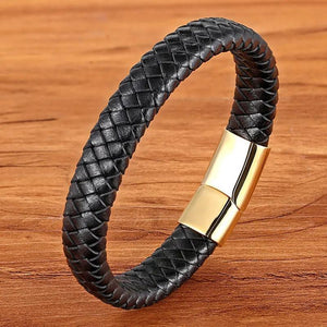 Stainless Steel Magnetic Clasp Leather Bracelet, Brown
