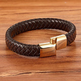 Stainless Steel Magnetic Clasp Leather Bracelet, Brown