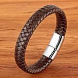 Stainless Steel Magnetic Clasp Leather Bracelet, Brown