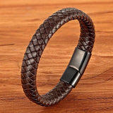 Stainless Steel Magnetic Clasp Leather Bracelet, Brown