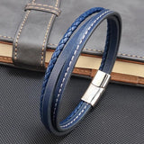 Leather Bracelet Men Stainless Steel Clasp Multilayer Rope Bracelet