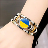 Ukraine Flag Bracelet Snap Button Glass Punk Wrap Braided Leather