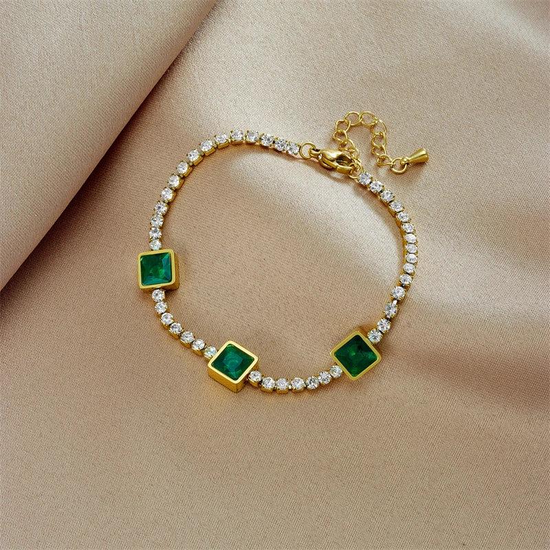 LAMENGLY Green Stone Zircon Chain Bracelet for Women