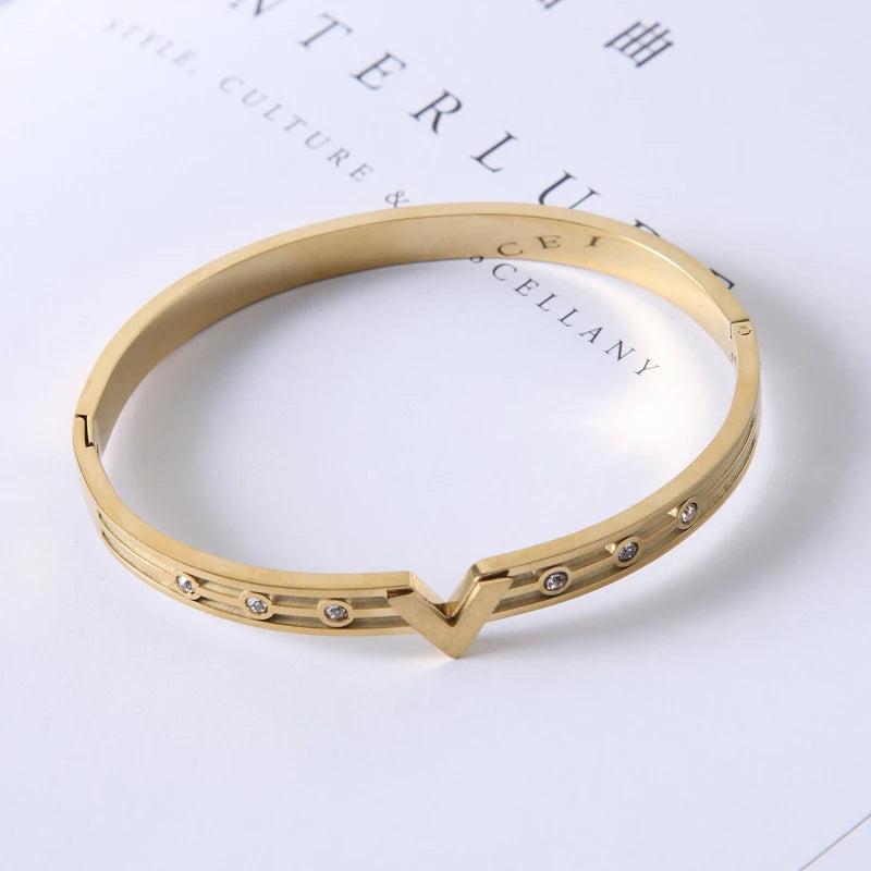 V Shape Love Bracelets CZ Crystal Stainless Steel Bracelet Women Girls Cuff