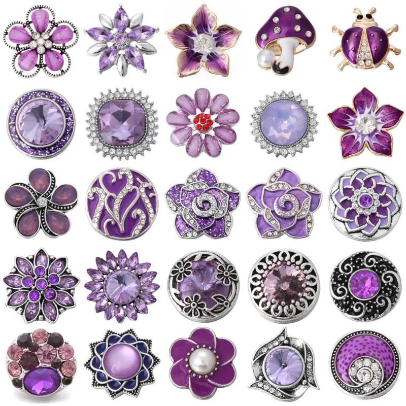 6pcs Purple Rhinestone Flower Snap Buttons for 18mm Snap Bracelets DIY Jewelry