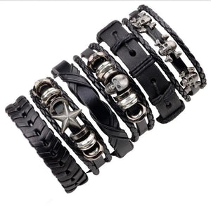 6PCs/Set Leather Bracelet Multilayer Punk Skull Star Charm Wrap Hand Bracelets