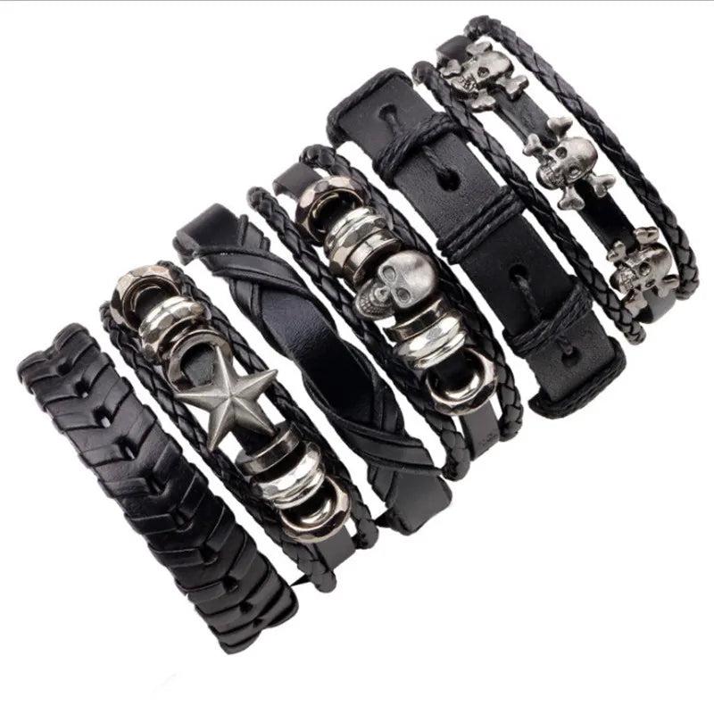 6PCs/Set Leather Bracelet Multilayer Punk Skull Star Charm Wrap Hand Bracelets