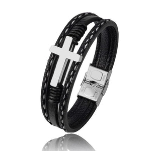 MingAo Men Cross Bracelet Stainless Steel Magnetic Clasp Leather Wrap