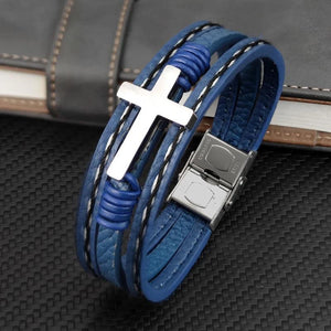 MingAo Men Cross Bracelet Stainless Steel Magnetic Clasp Leather Wrap