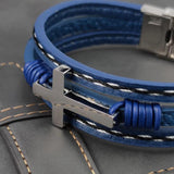 MingAo Men Cross Bracelet Stainless Steel Magnetic Clasp Leather Wrap