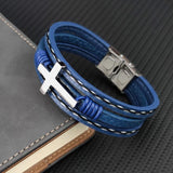 MingAo Men Cross Bracelet Stainless Steel Magnetic Clasp Leather Wrap