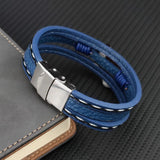 MingAo Men Cross Bracelet Stainless Steel Magnetic Clasp Leather Wrap