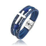 MingAo Men Cross Bracelet Stainless Steel Magnetic Clasp Leather Wrap