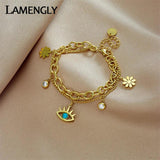 LAMENGLY Flower Charm Bracelet - Stainless Steel Multilayer
