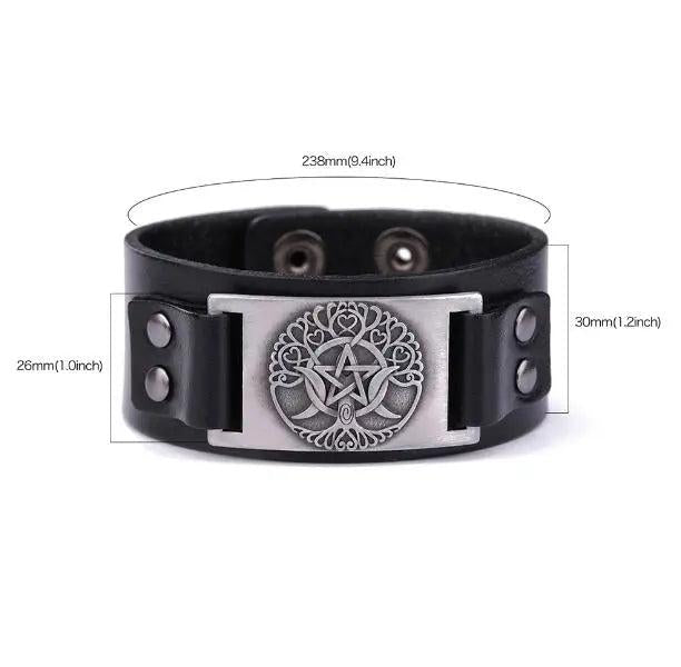 Triple Moon Goddess Tree Of Life Leather Bracelet Wiccan Pentagram Cuff