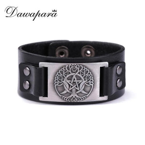 Triple Moon Goddess Tree Of Life Leather Bracelet Wiccan Pentagram Cuff