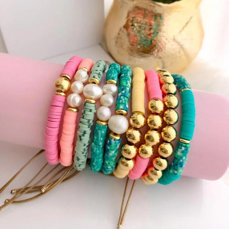 Heishi Disc Beads Bracelet for Women, Polymer Clay Pearl Bracelet