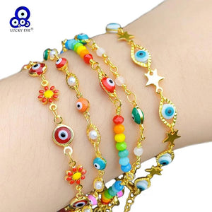 Adjustable Copper Flower Star Evil Eye Bracelet