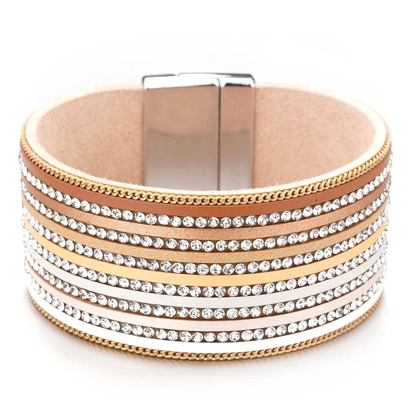 Multilayer Rhinestone Leather Bracelet Crystal Bangles for Women
