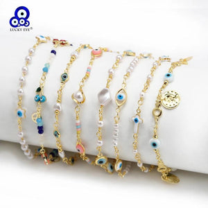 Evil Eye Heart Pearl Beaded Bracelet Adjustable Charm Bracelet