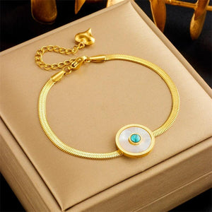 316L Stainless Steel Green Stone Charm Bracelet Women Flat Snake Chain Bangles