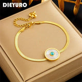 316L Stainless Steel Green Stone Charm Bracelet Women Flat Snake Chain Bangles