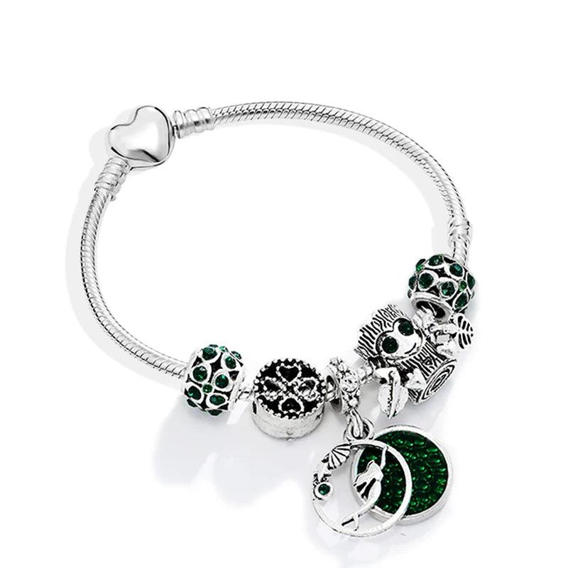 Dinglly Silver Heart Charm Bracelet Crystal Beaded Bangle Jewelry Gift