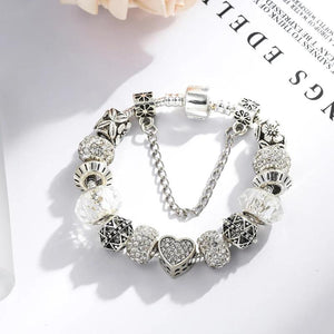 Dinglly Silver Heart Charm Bracelet Crystal Beaded Bangle Jewelry Gift