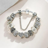 Dinglly Silver Heart Charm Bracelet Crystal Beaded Bangle Jewelry Gift