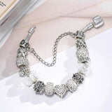 Dinglly Silver Heart Charm Bracelet Crystal Beaded Bangle Jewelry Gift