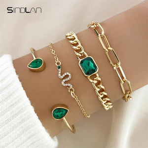 Vintage Snake Green Crystal Wrist Bracelets for Women Charms Chains