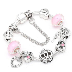 BAOPN Pink Heart Beads Charm Bracelet, European Style