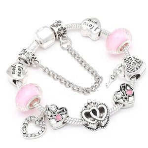 BAOPN Pink Heart Beads Charm Bracelet, European Style