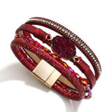 Layered Leather Wrap Bracelet Boho Druzy Resin Stone Crystal Bead Charm Bracelet