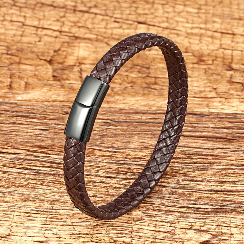 Hand-woven Leather Bracelet Stainless Steel Button Black/Brown Rope