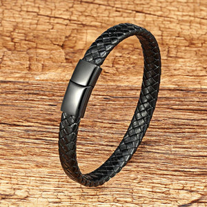 Hand-woven Leather Bracelet Stainless Steel Button Black/Brown Rope