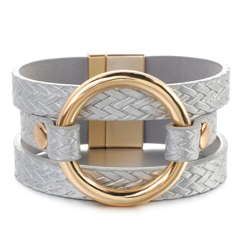 Metal Circle Ring Leather Wrap Bracelets for Women