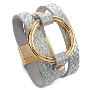 Metal Circle Ring Leather Wrap Bracelets for Women