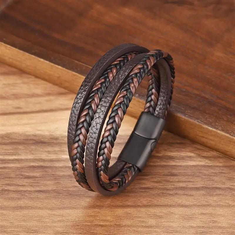 Braided Leather Men Bracelet Stainless Steel Magnetic Buckle