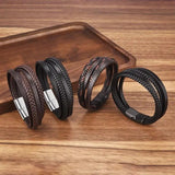 Braided Leather Men Bracelet Stainless Steel Magnetic Buckle